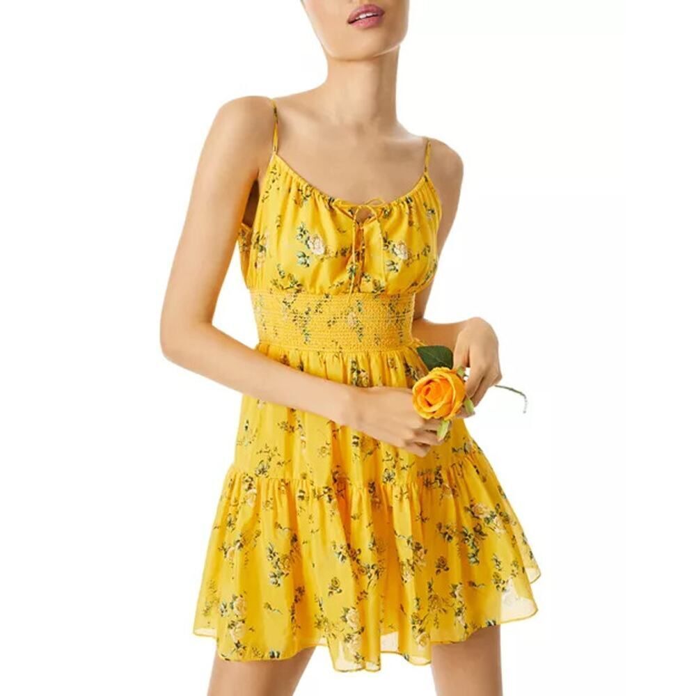 Alice + Olivia Lai Smocked Floral cotton Silk voile mini dress Yellow 8 - Picture 1 of 6